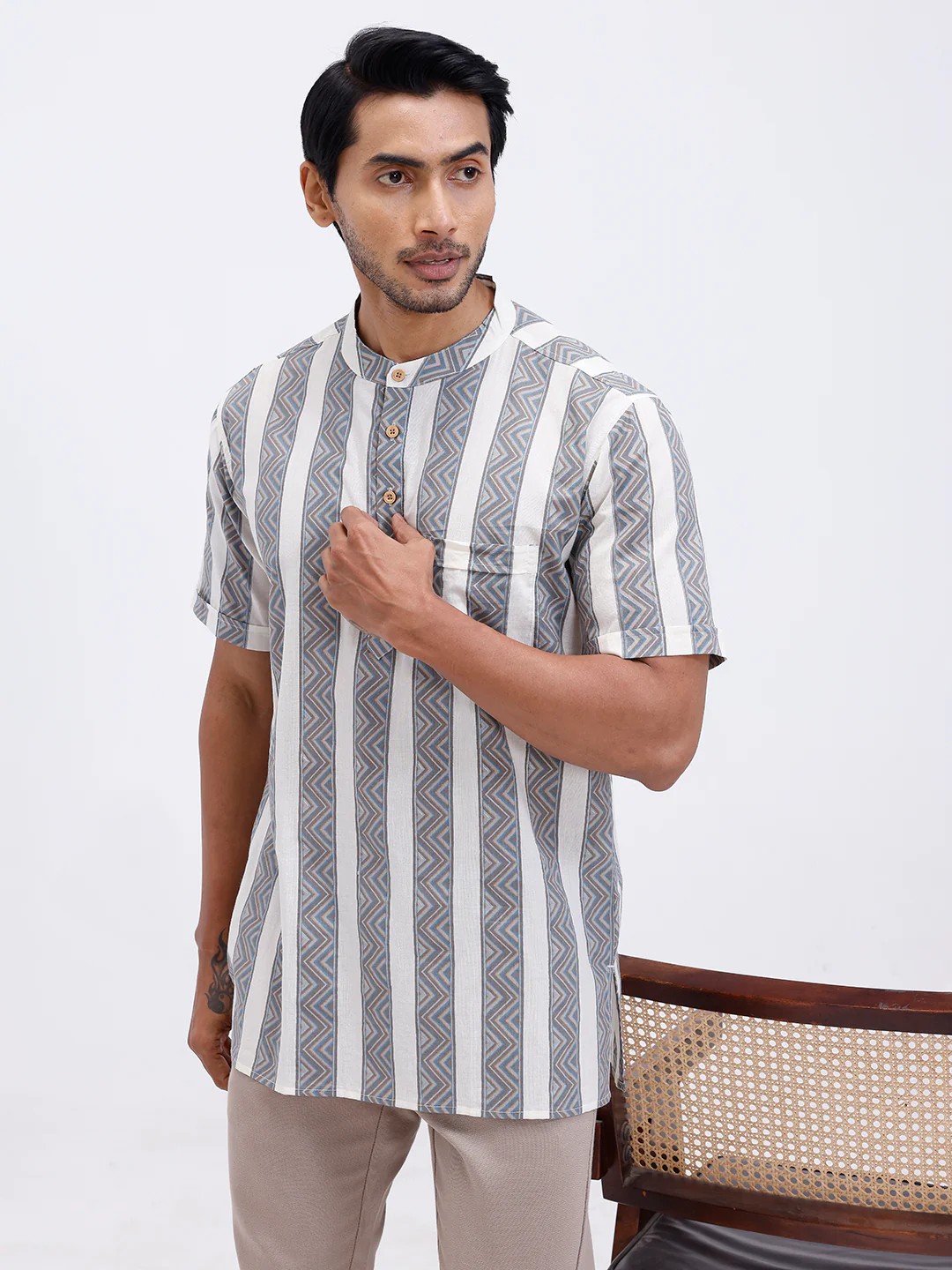 Men Cotton Short Length Printed Pocket Kurta LT Beige OF8 - Image 2