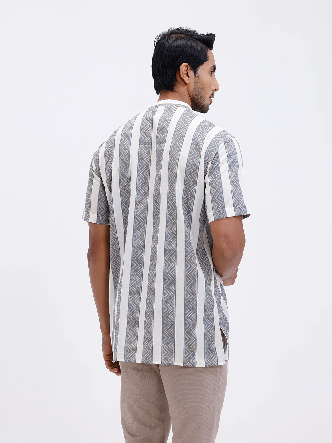 Men Cotton Short Length Printed Pocket Kurta LT Beige OF8 - Image 3