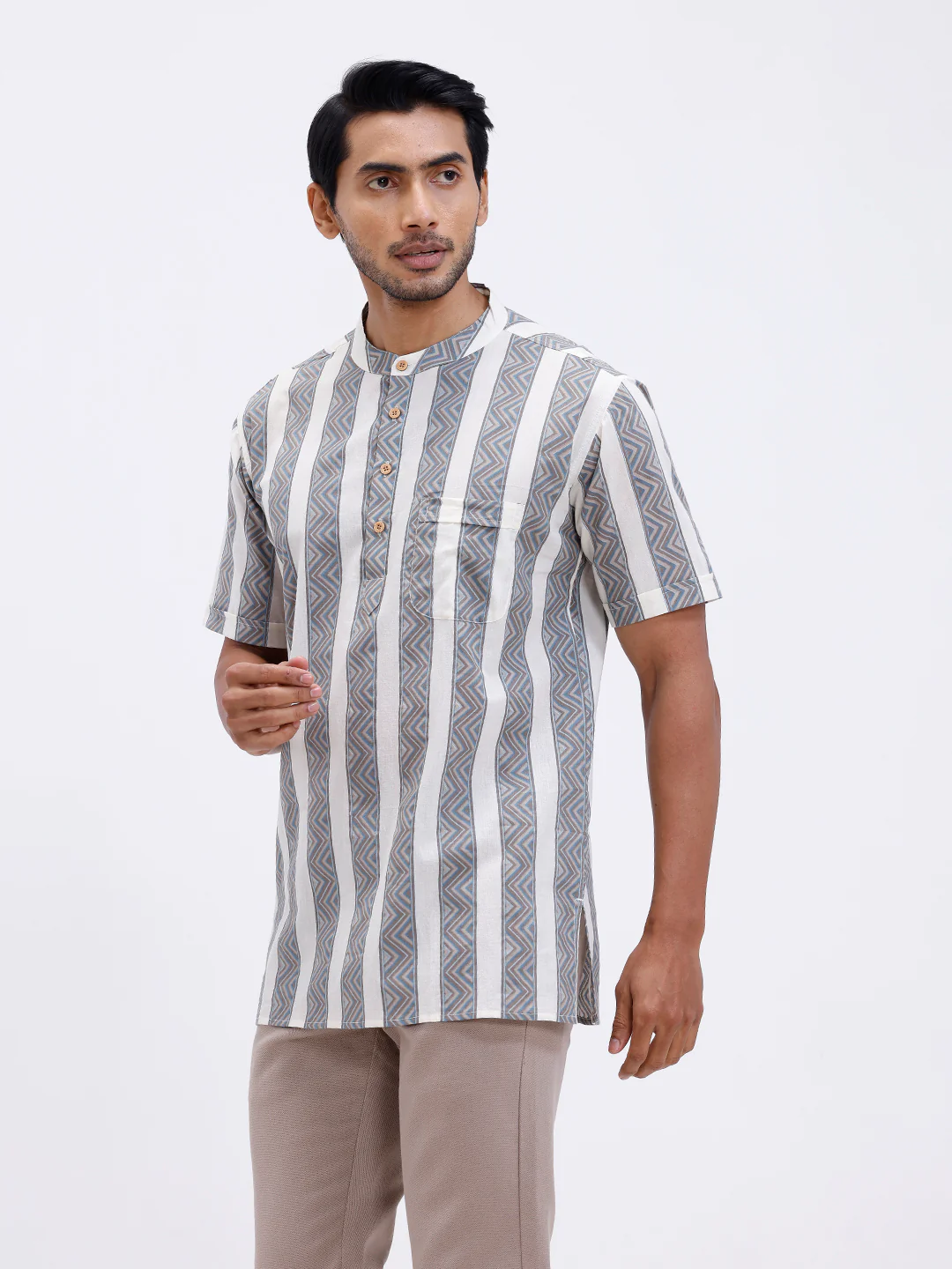 Men Cotton Short Length Printed Pocket Kurta LT Beige OF8 - Image 4
