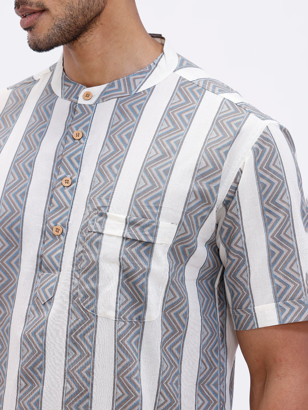 Men Cotton Short Length Printed Pocket Kurta LT Beige OF8 - Image 5