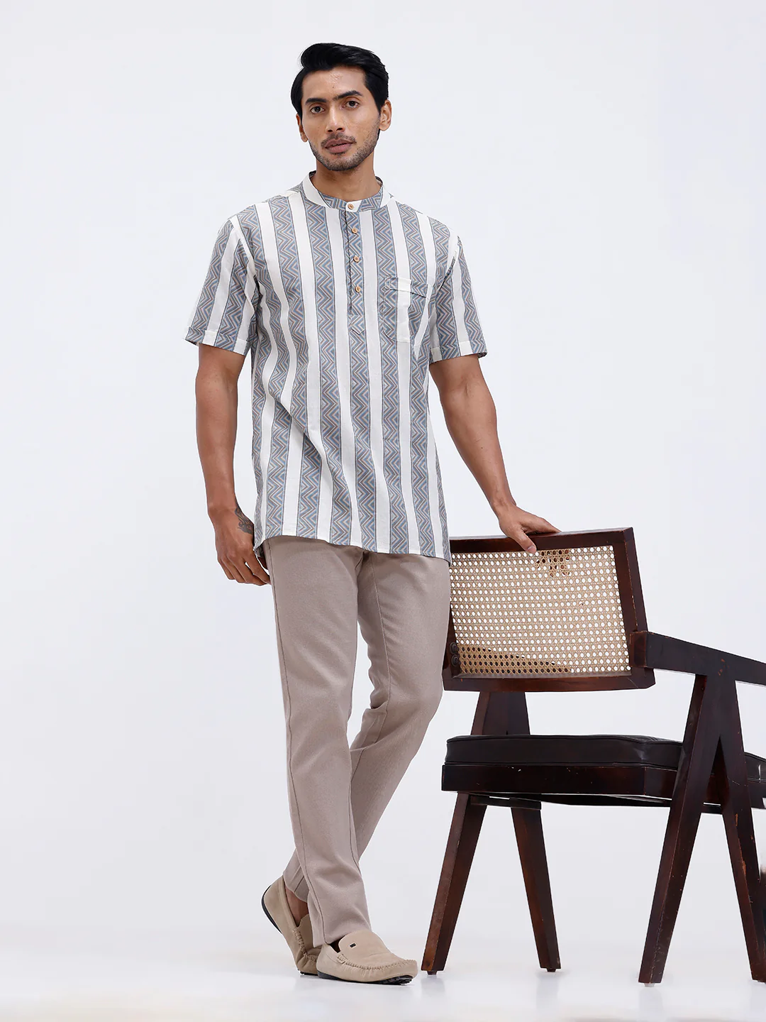 Men Cotton Short Length Printed Pocket Kurta LT Beige OF8 - Image 7