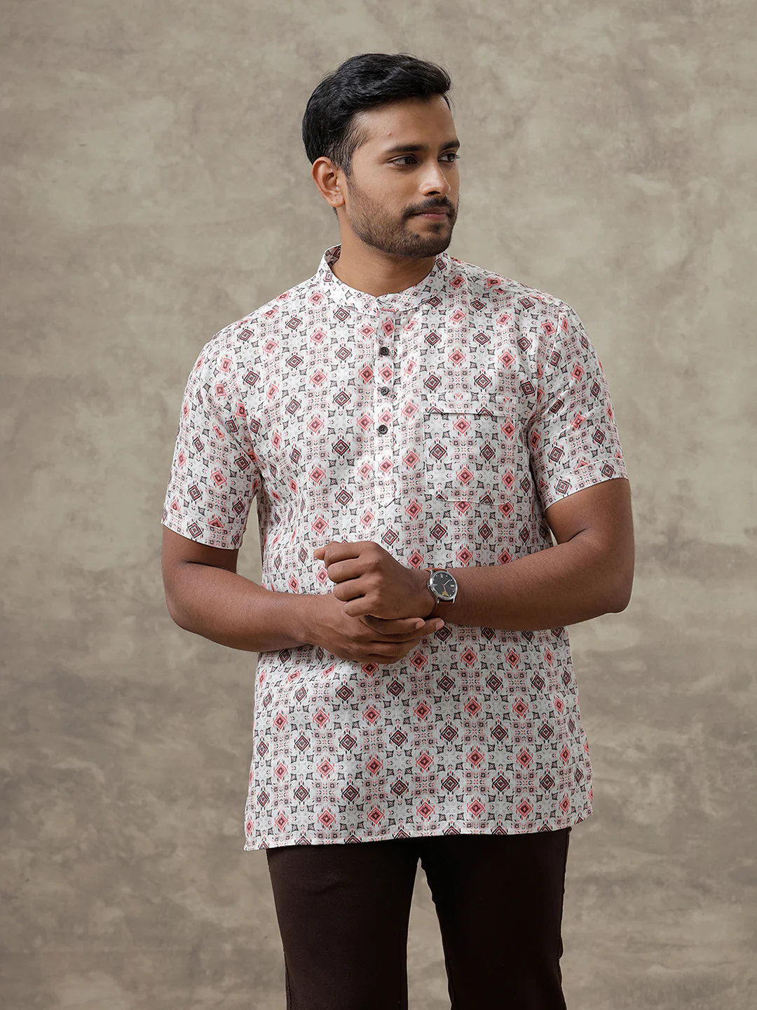 Men Cotton Short Length Printed Pocket Kurta Orangy Cream RI01 - Image 3