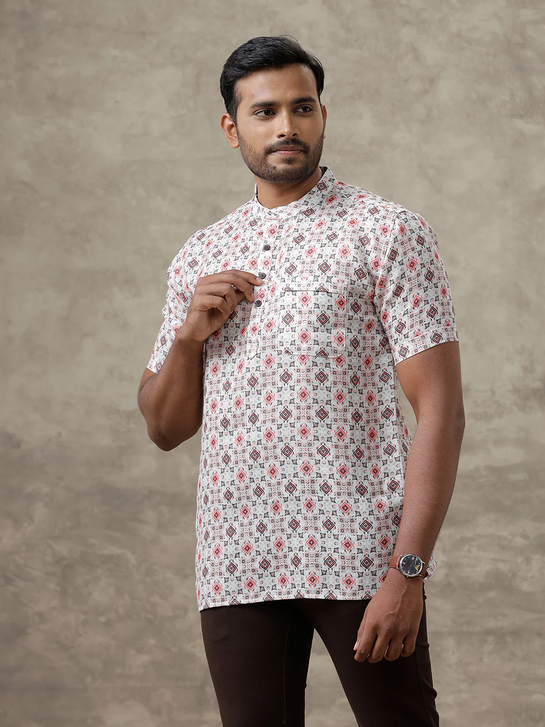 Men Cotton Short Length Printed Pocket Kurta Orangy Cream RI01 - Image 4