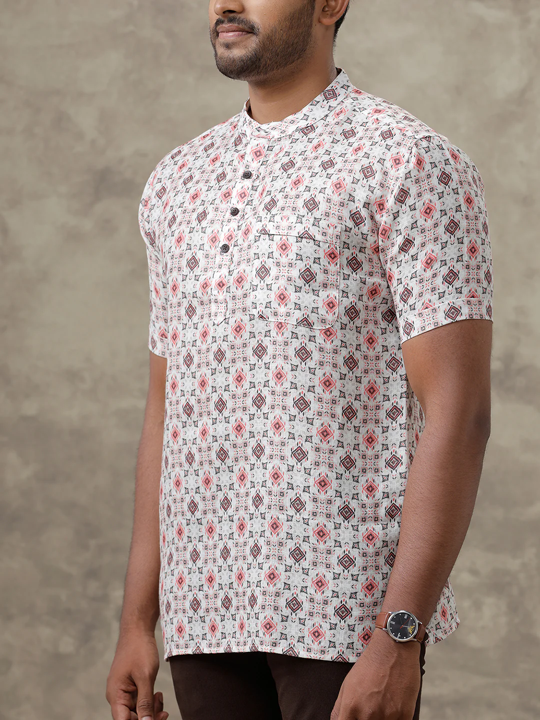 Men Cotton Short Length Printed Pocket Kurta Orangy Cream RI01 - Image 5