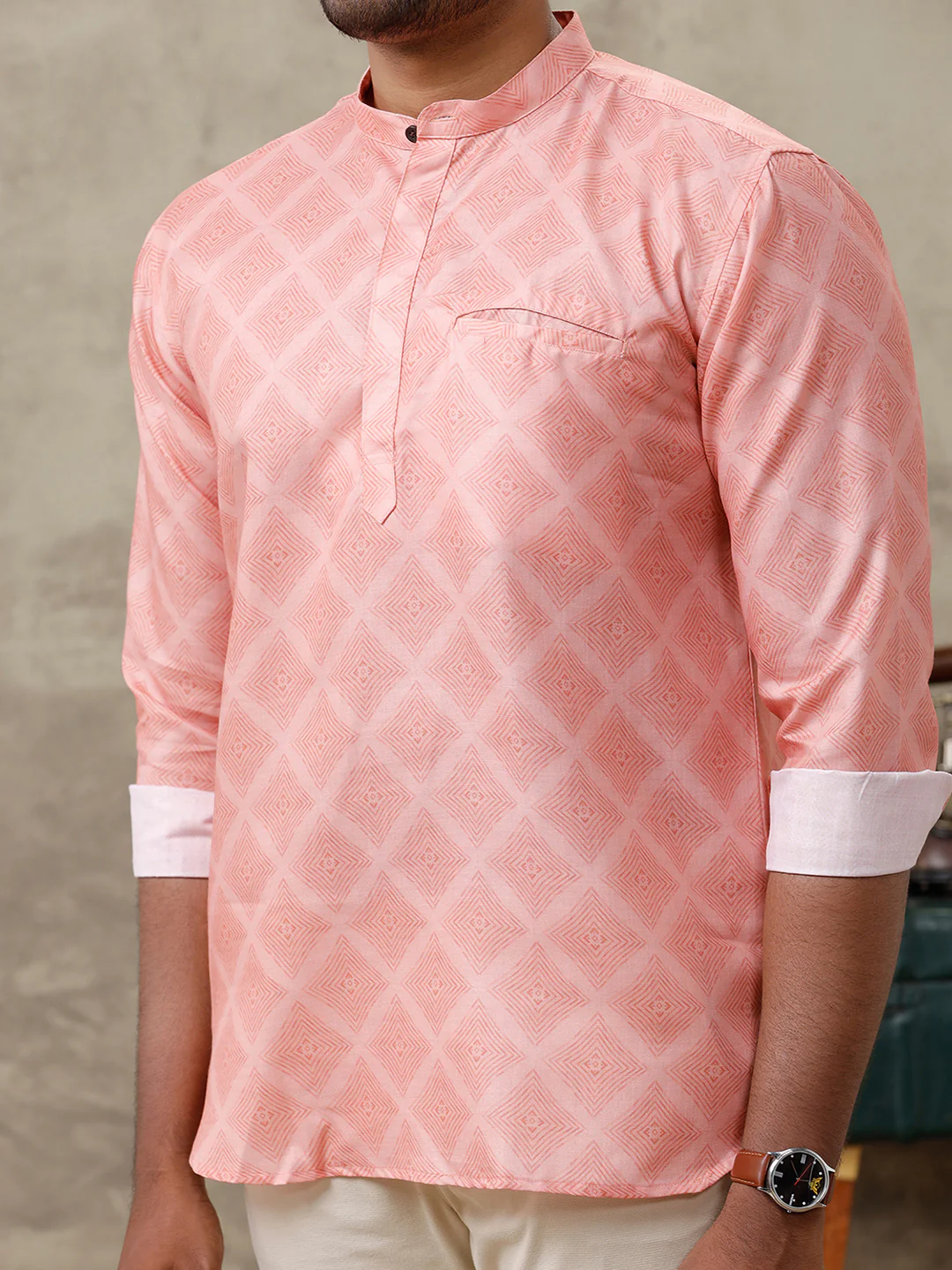 Men Cotton Short Length Printed Pocket Kurta Orangy Pink RH13 - Image 5