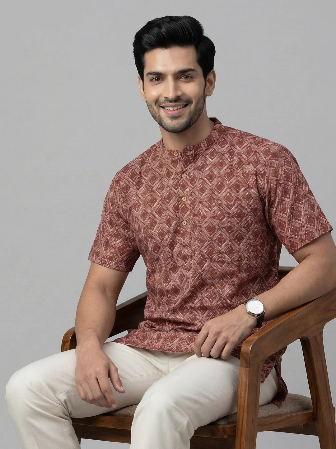 Men Cotton Short Length Printed Pocket Kurta Red OG21 - Image 2