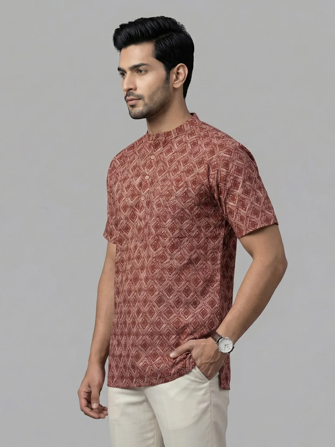 Men Cotton Short Length Printed Pocket Kurta Red OG21 - Image 4