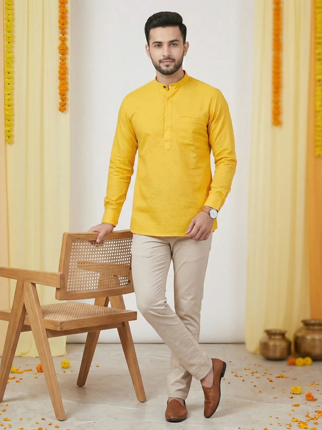 Men Cotton Short Length Self Design Pocket Kurta Dotted Yellow Y32 - Image 2