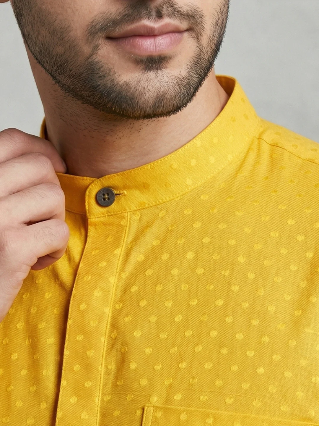 Men Cotton Short Length Self Design Pocket Kurta Dotted Yellow Y32 - Image 3