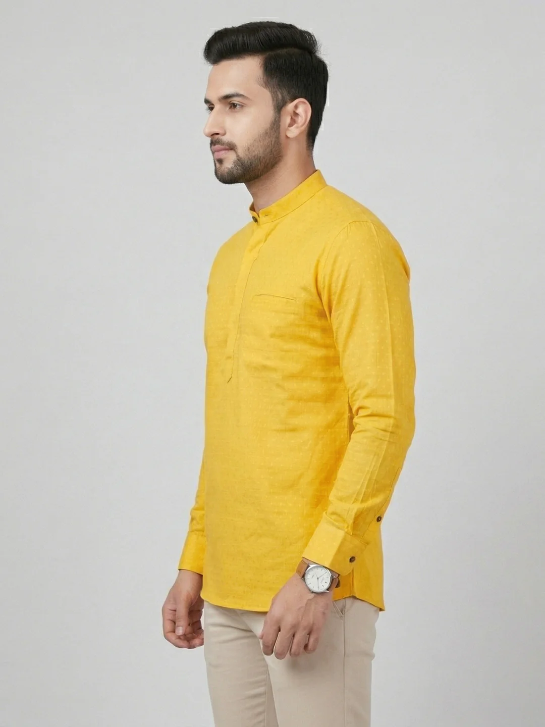 Men Cotton Short Length Self Design Pocket Kurta Dotted Yellow Y32 - Image 4