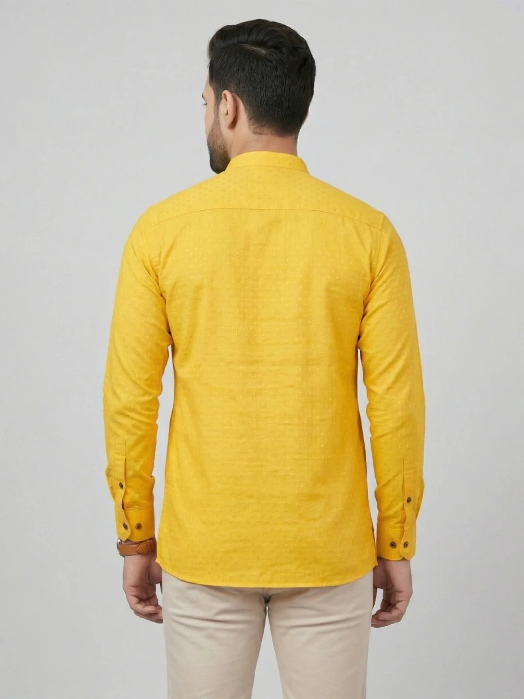 Men Cotton Short Length Self Design Pocket Kurta Dotted Yellow Y32 - Image 5