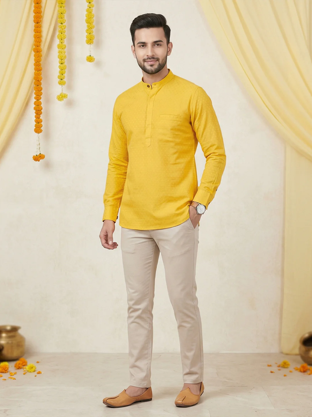 Men Cotton Short Length Self Design Pocket Kurta Dotted Yellow Y32 - Image 6