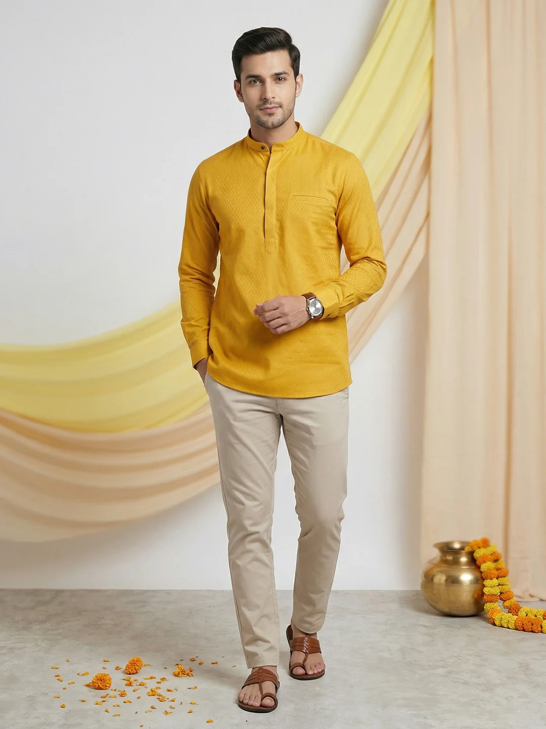 Men Cotton Short Length Self Design Pocket Kurta Glitter Yellow Y26 - Image 2