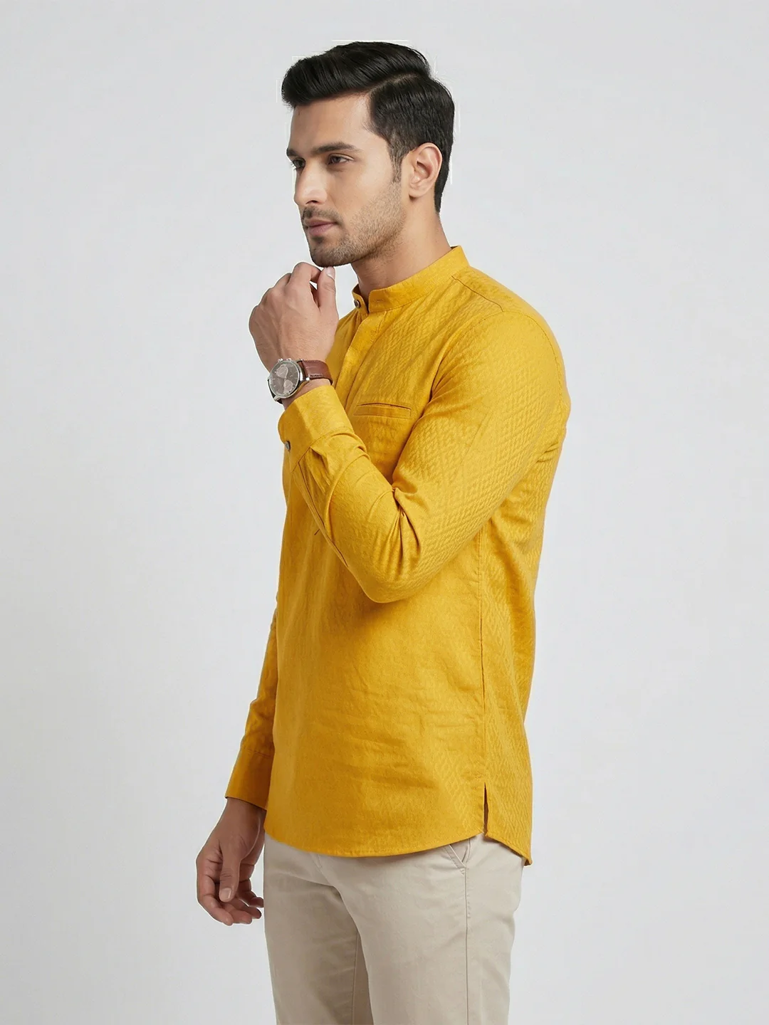 Men Cotton Short Length Self Design Pocket Kurta Glitter Yellow Y26 - Image 3