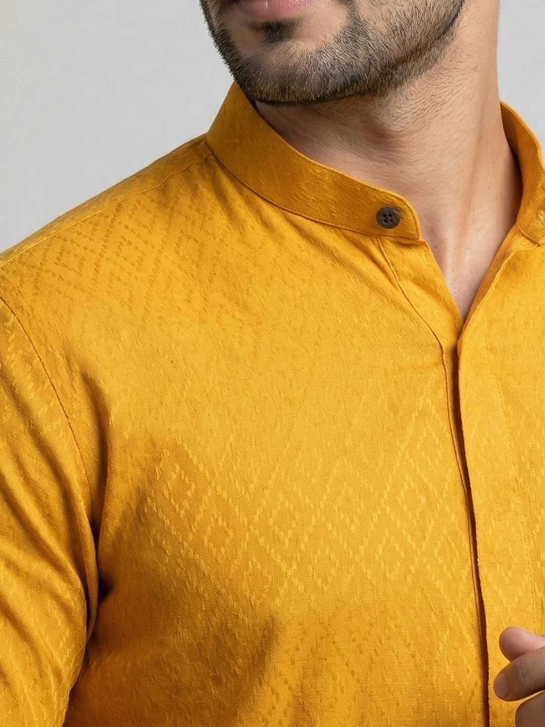 Men Cotton Short Length Self Design Pocket Kurta Glitter Yellow Y26 - Image 4