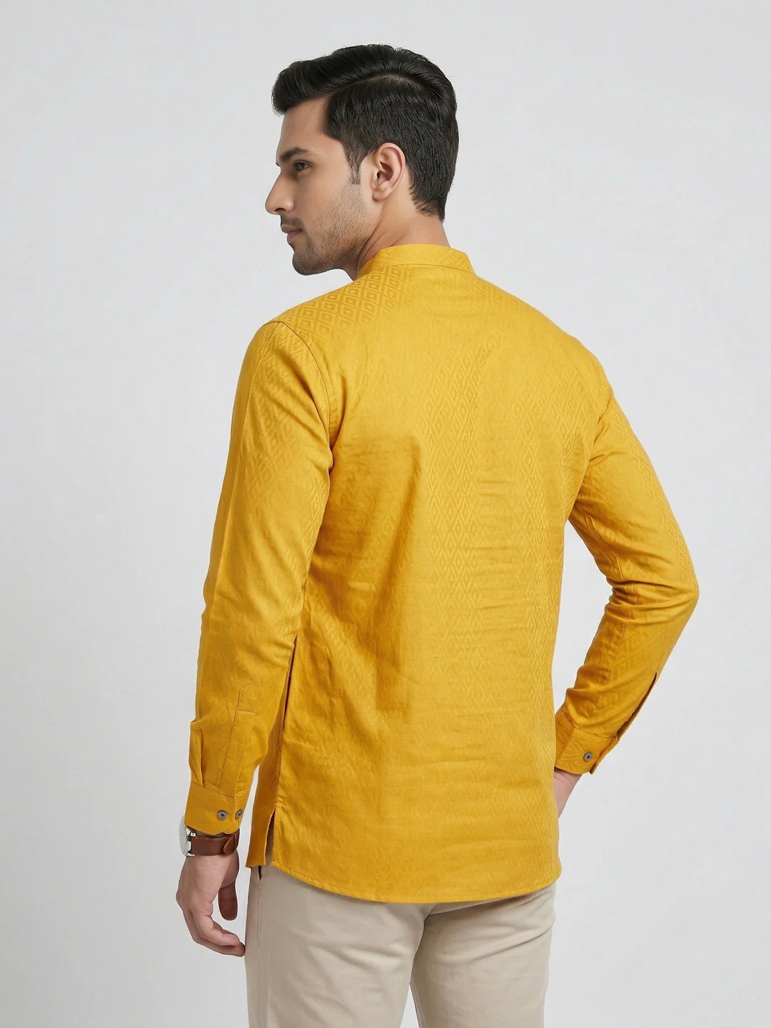 Men Cotton Short Length Self Design Pocket Kurta Glitter Yellow Y26 - Image 5