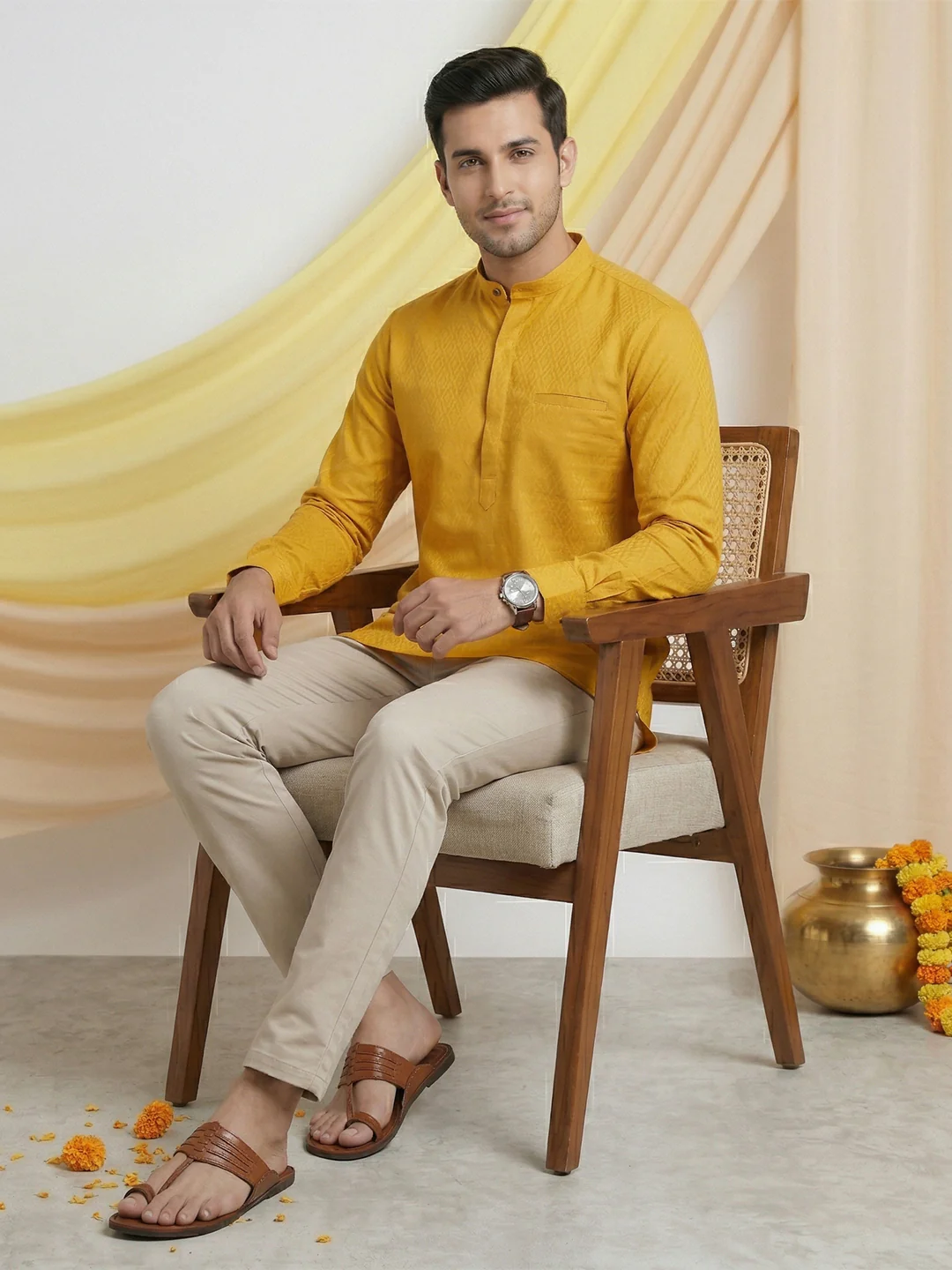 Men Cotton Short Length Self Design Pocket Kurta Glitter Yellow Y26 - Image 6