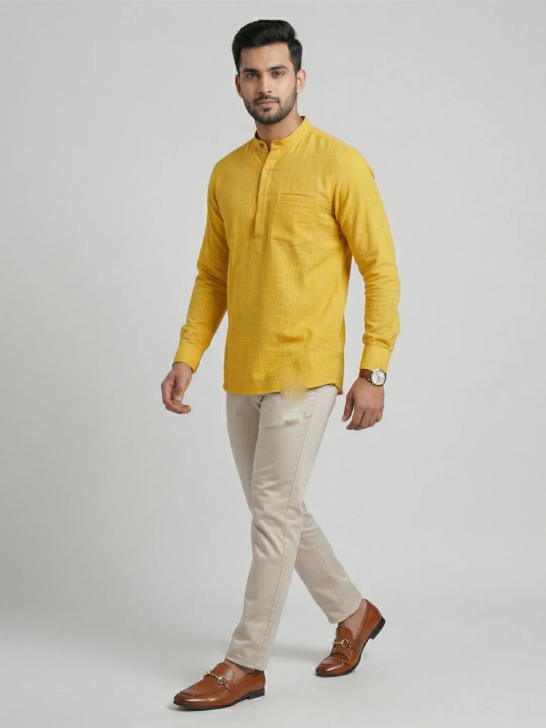 Men Cotton Short Length Self Design Pocket Kurta Honeycomb Yellow Y25 - Image 2