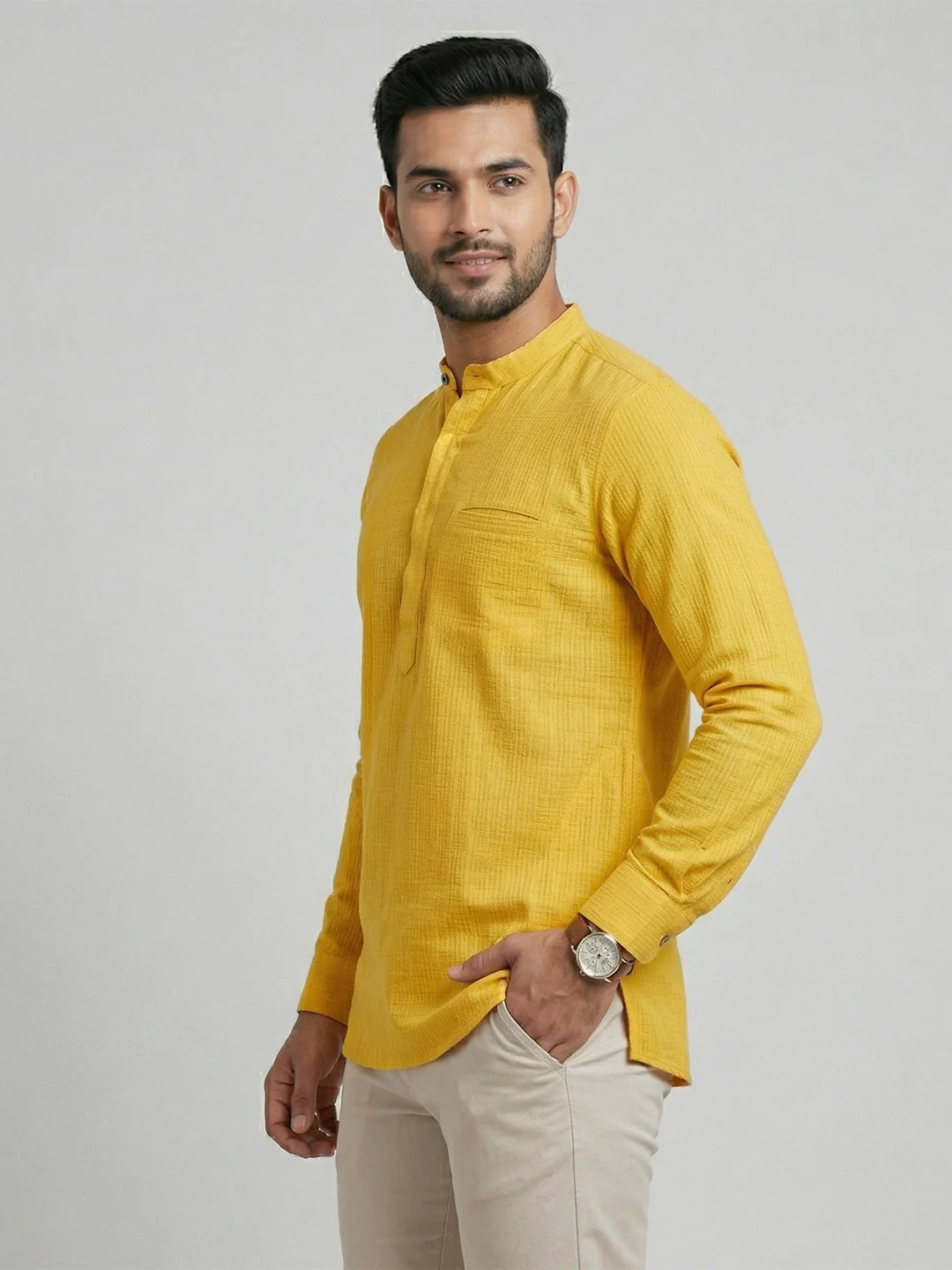 Men Cotton Short Length Self Design Pocket Kurta Honeycomb Yellow Y25 - Image 3