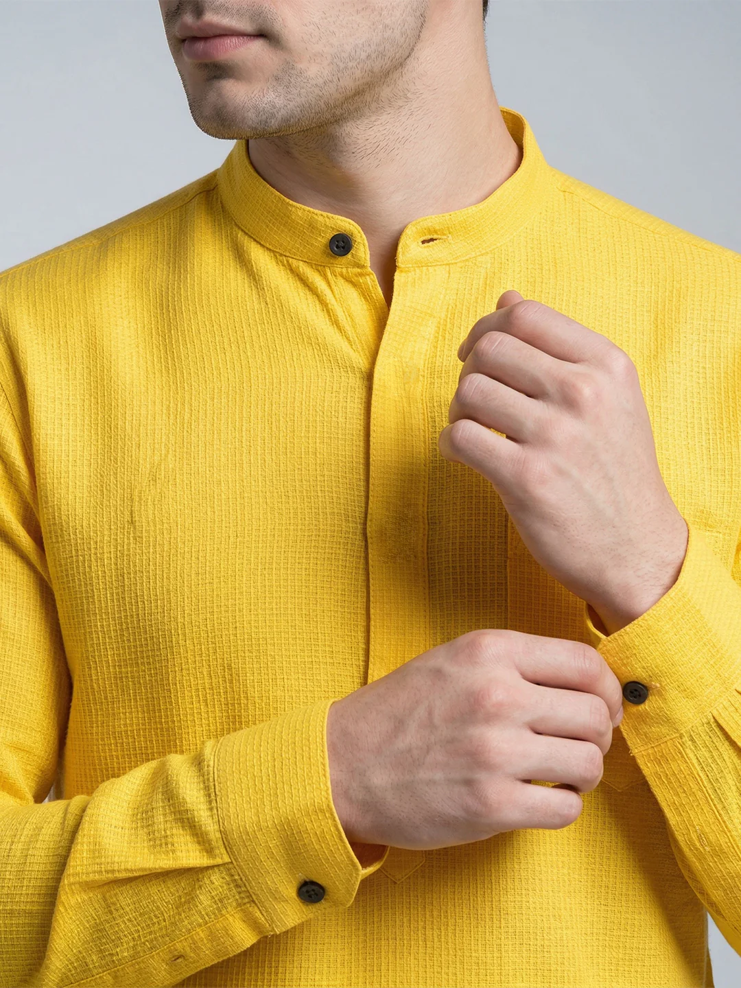 Men Cotton Short Length Self Design Pocket Kurta Honeycomb Yellow Y25 - Image 5
