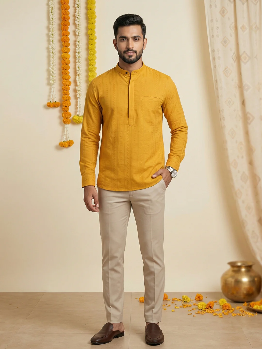 Men Cotton Short Length Self Design Pocket Kurta Turmeric Yellow Y31 - Image 2