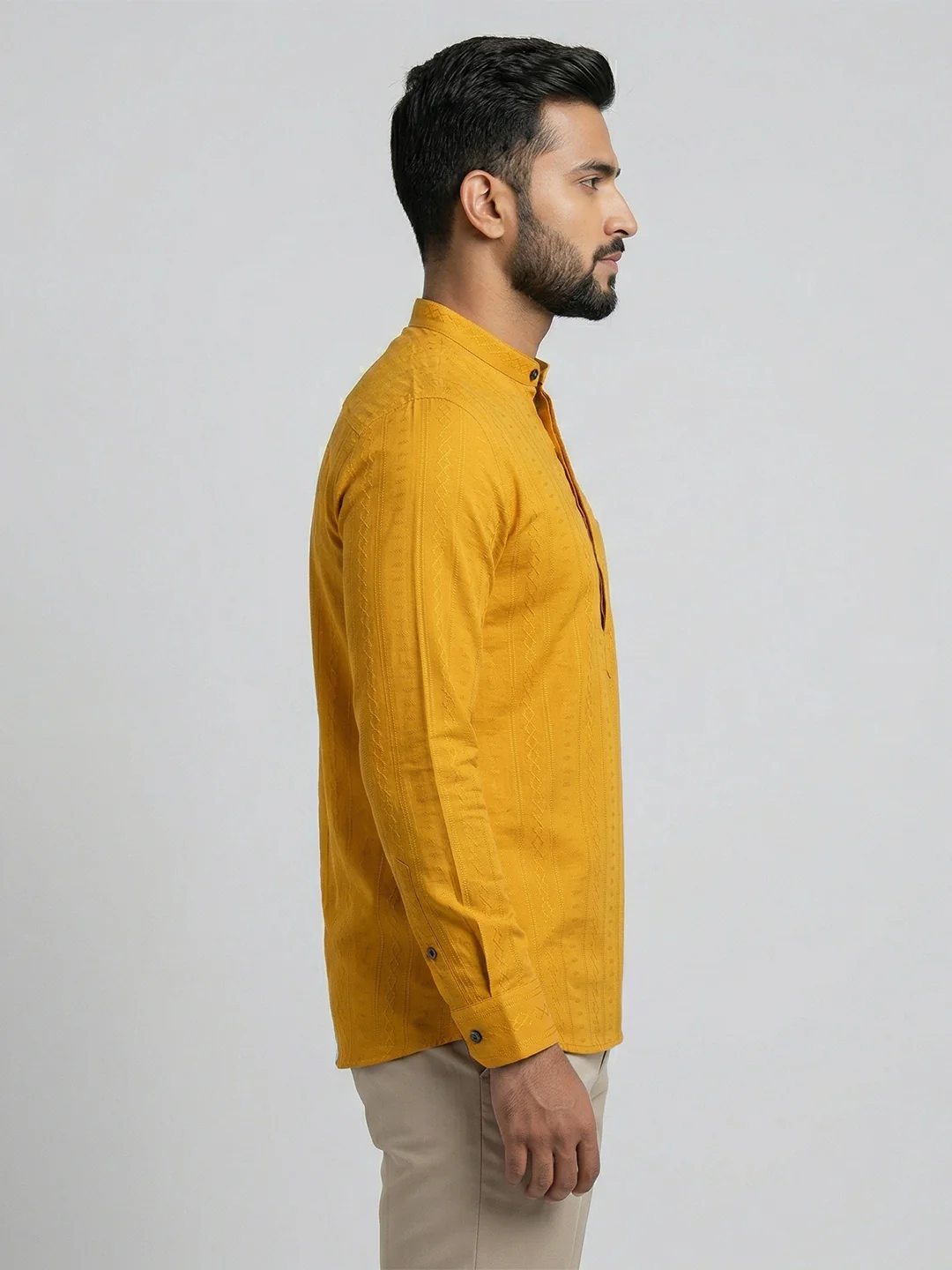 Men Cotton Short Length Self Design Pocket Kurta Turmeric Yellow Y31 - Image 3