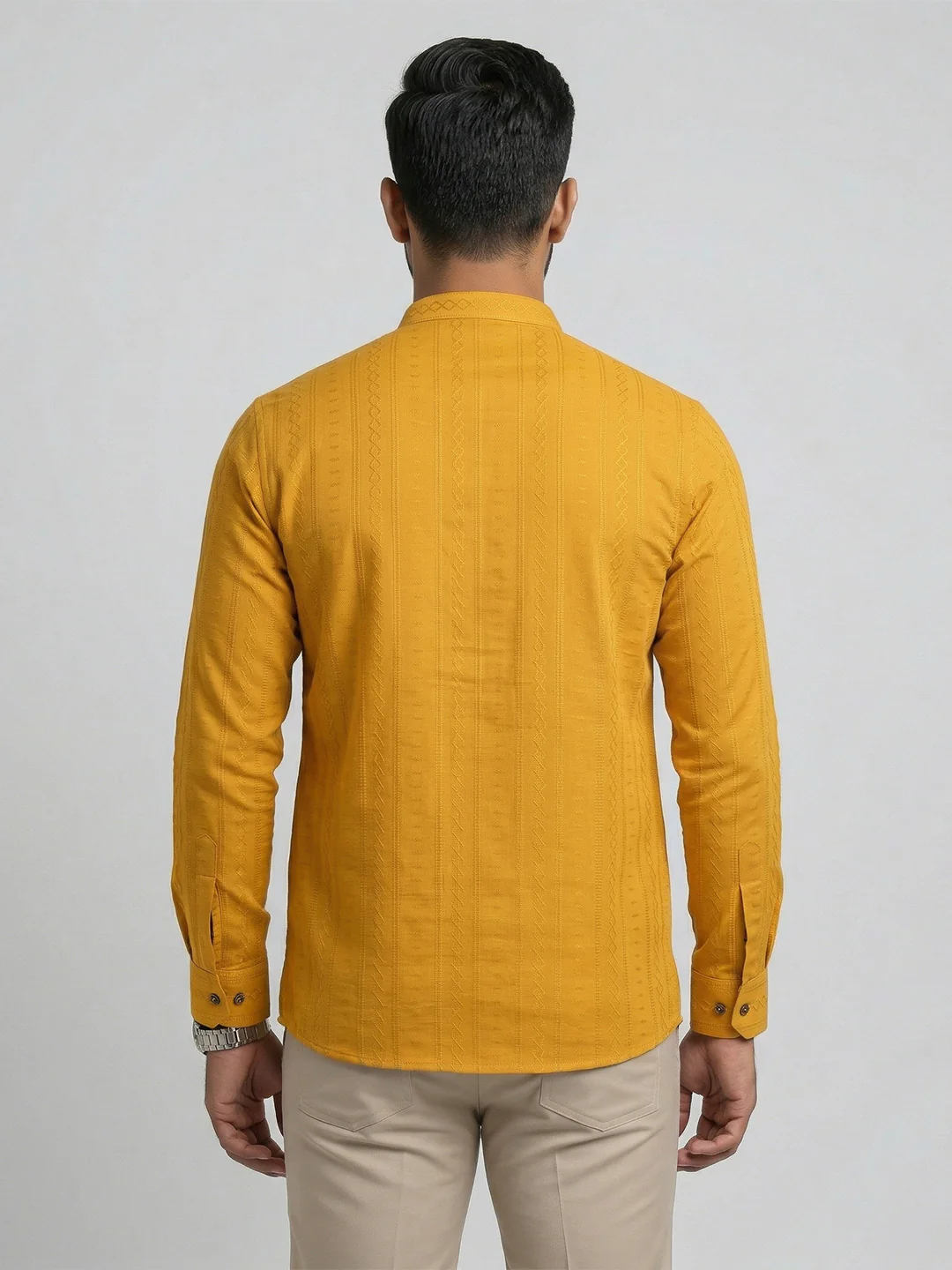 Men Cotton Short Length Self Design Pocket Kurta Turmeric Yellow Y31 - Image 4