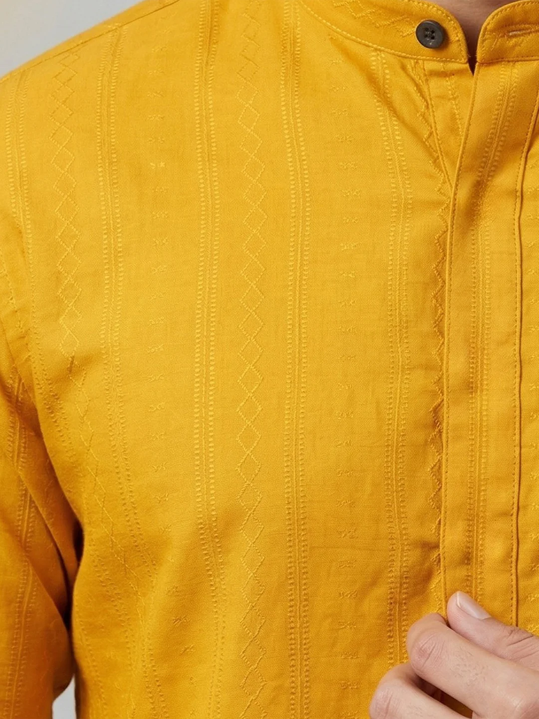 Men Cotton Short Length Self Design Pocket Kurta Turmeric Yellow Y31 - Image 5