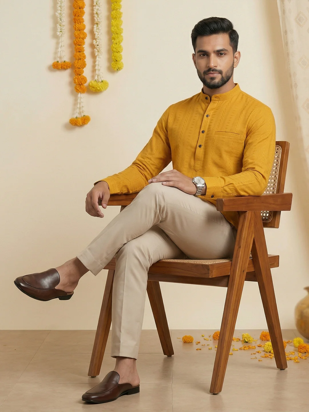 Men Cotton Short Length Self Design Pocket Kurta Turmeric Yellow Y31 - Image 6