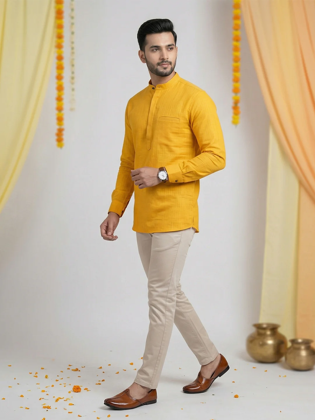 Men Cotton Short Length Self Design Pocket Kurta Mango Yellow Y28 - Image 2