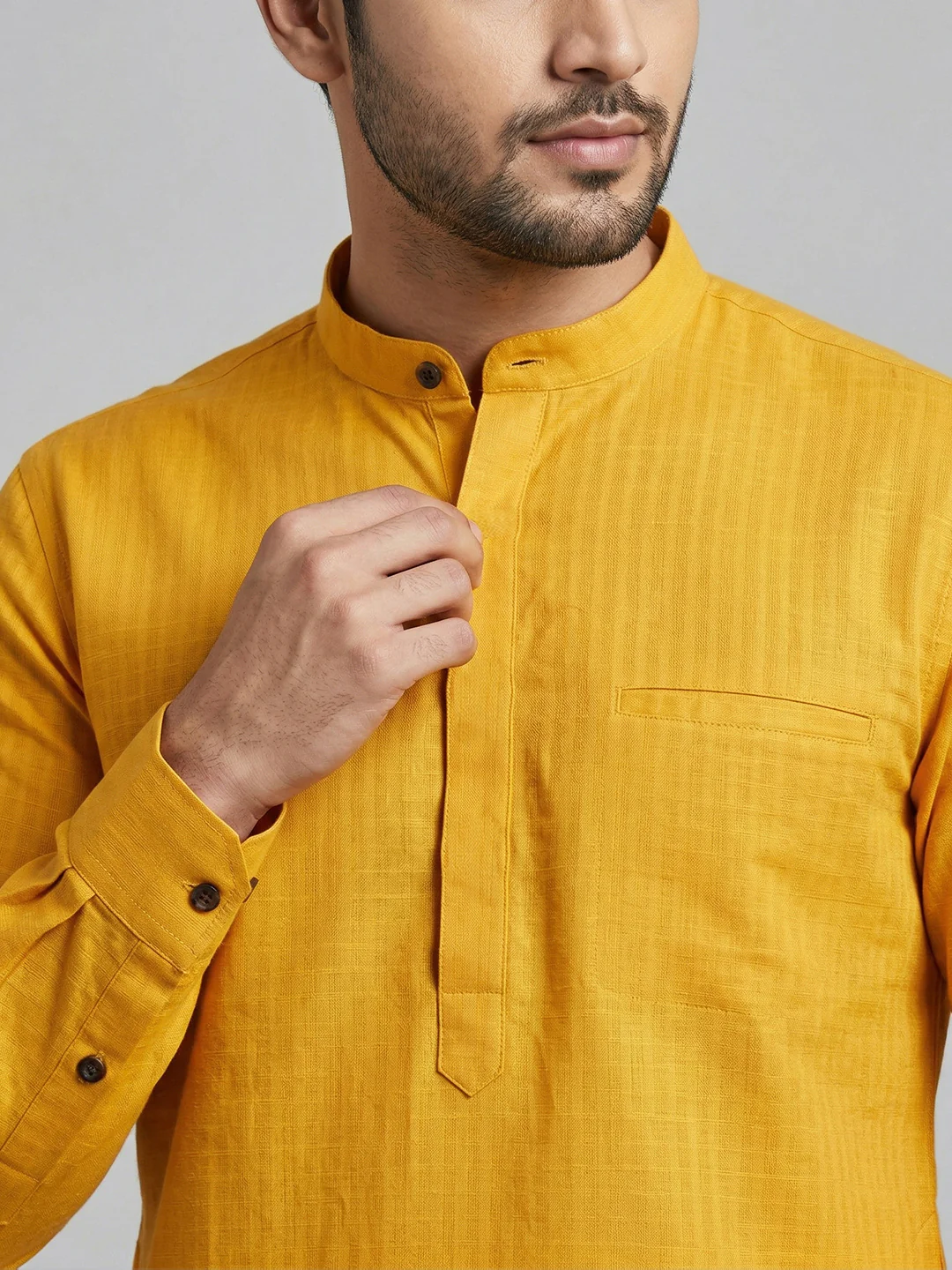 Men Cotton Short Length Self Design Pocket Kurta Mango Yellow Y28 - Image 3