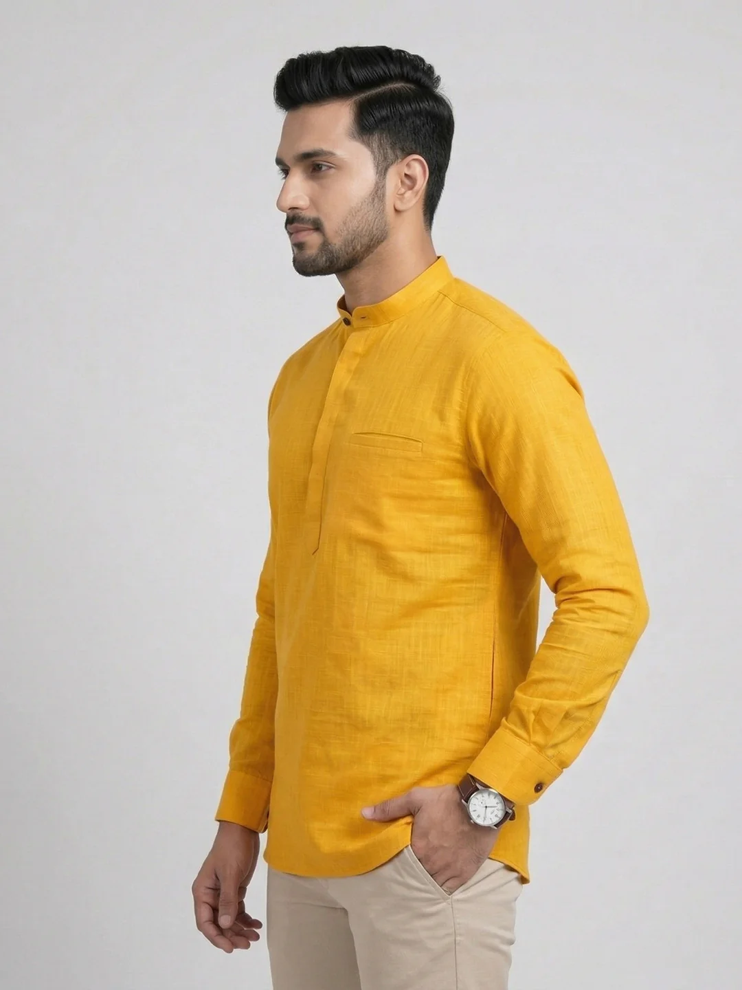Men Cotton Short Length Self Design Pocket Kurta Mango Yellow Y28 - Image 5