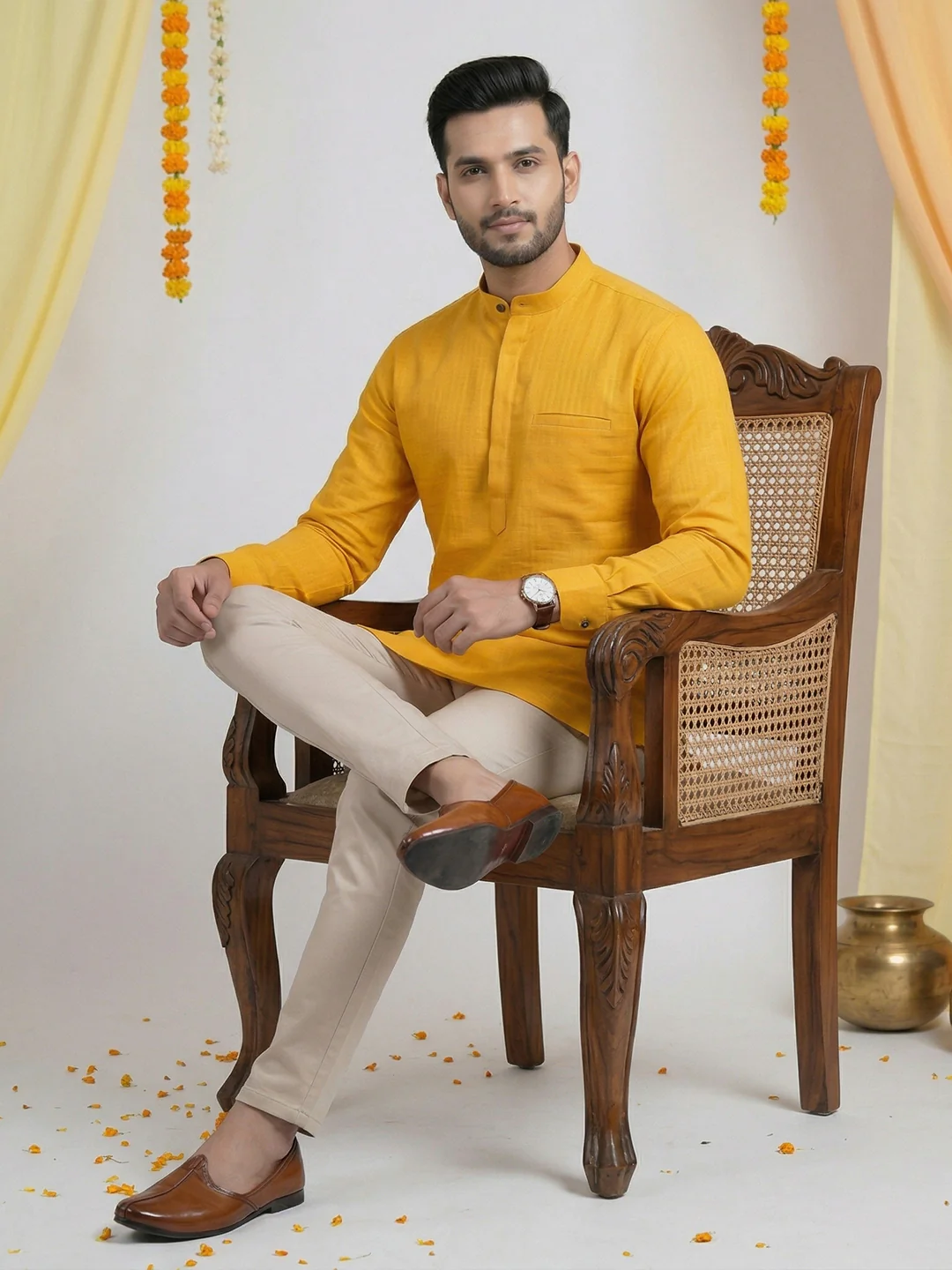 Men Cotton Short Length Self Design Pocket Kurta Mango Yellow Y28 - Image 6