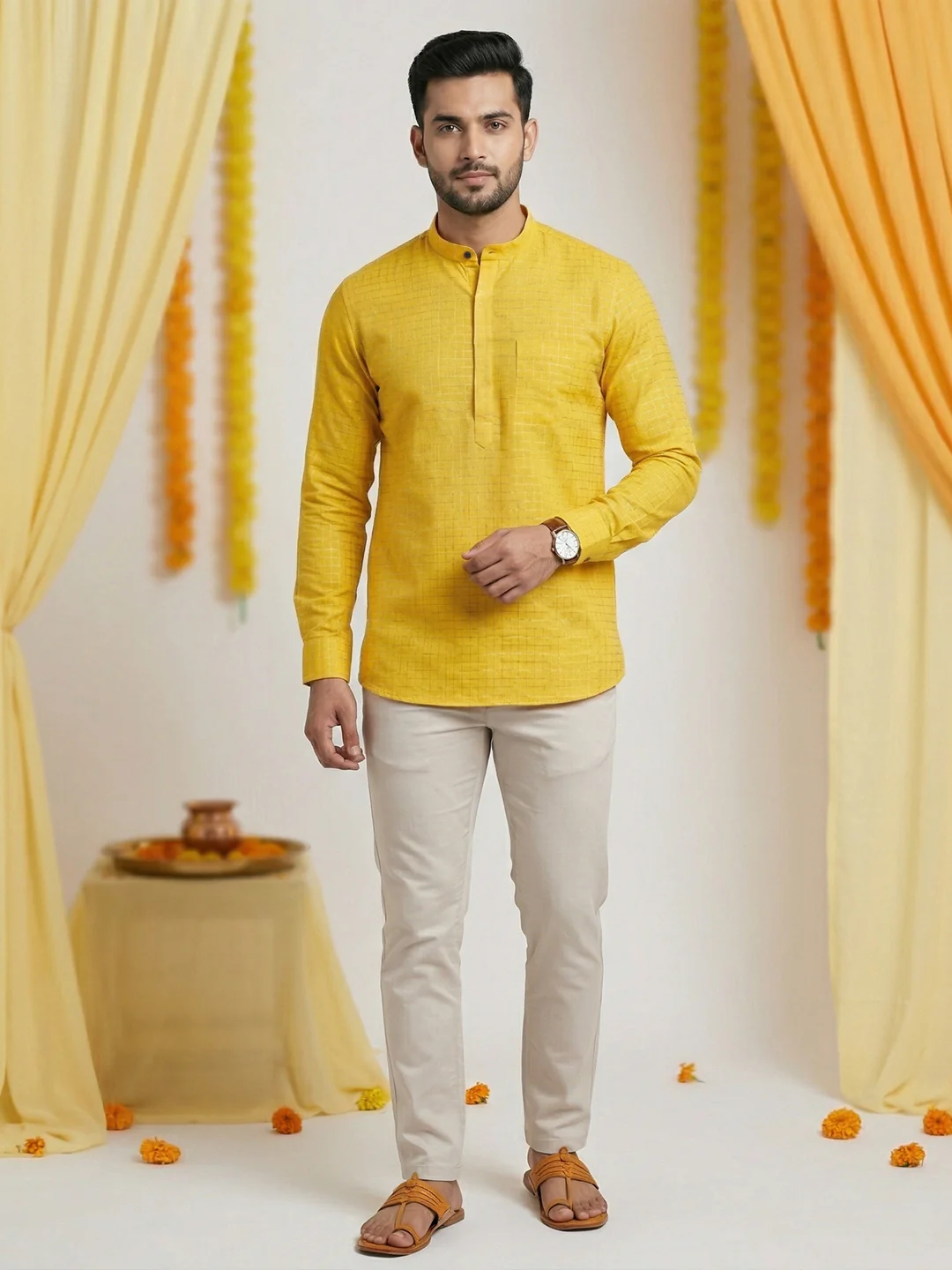 Men Cotton Short Length Self Design with Checked Pocket Kurta Yellow Gold Glitter Y30 - Image 2