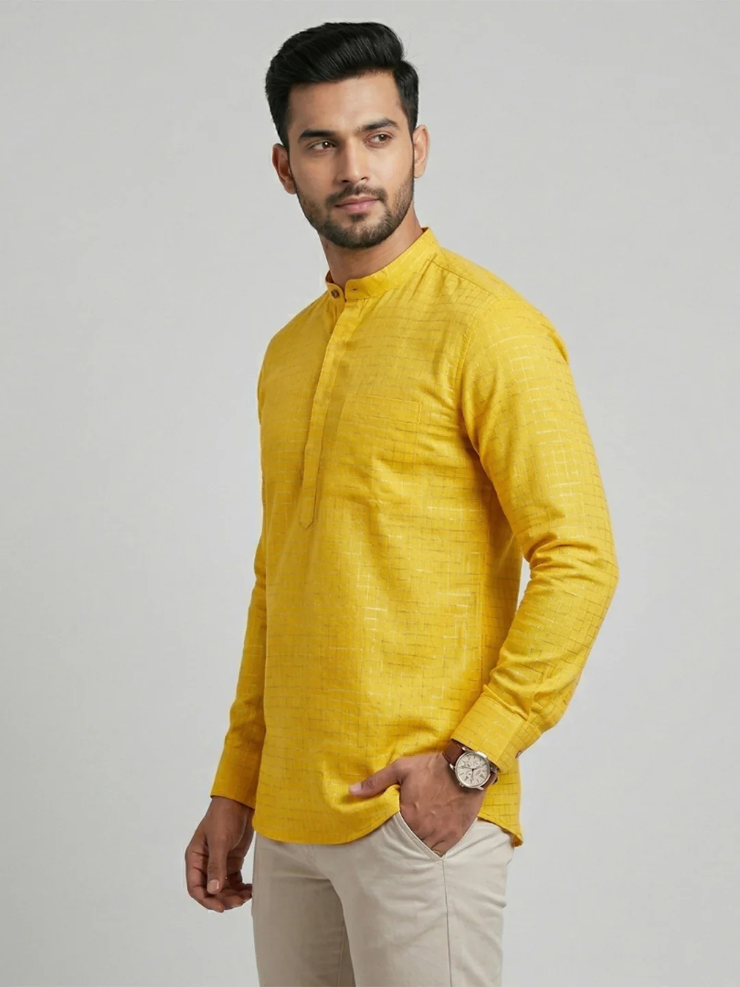 Men Cotton Short Length Self Design with Checked Pocket Kurta Yellow Gold Glitter Y30 - Image 3