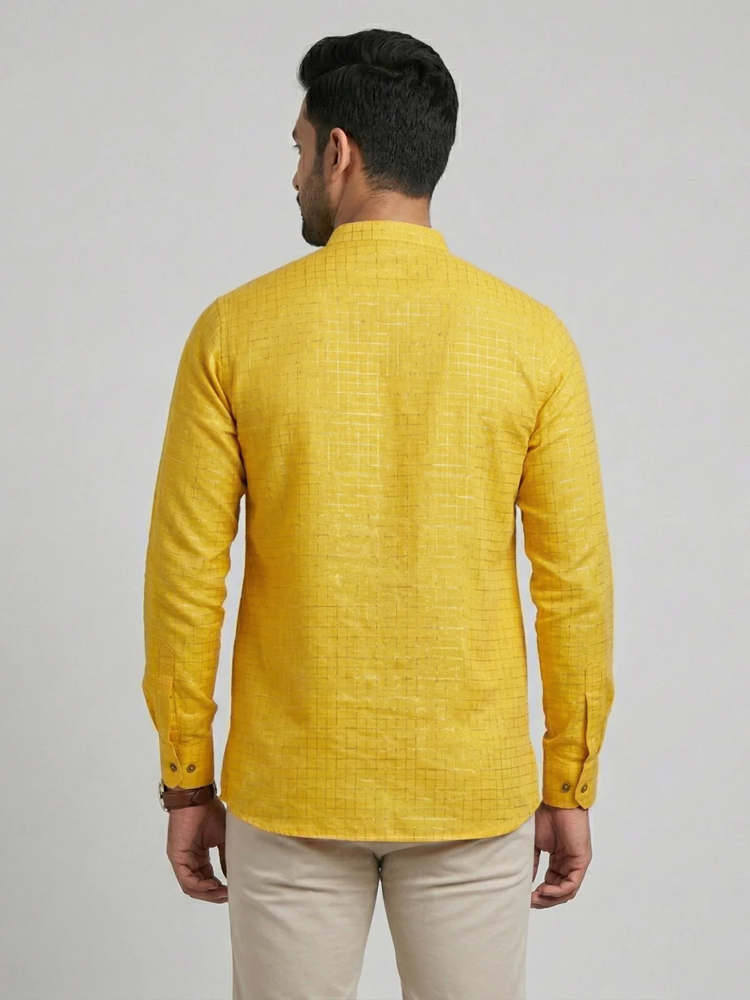 Men Cotton Short Length Self Design with Checked Pocket Kurta Yellow Gold Glitter Y30 - Image 4
