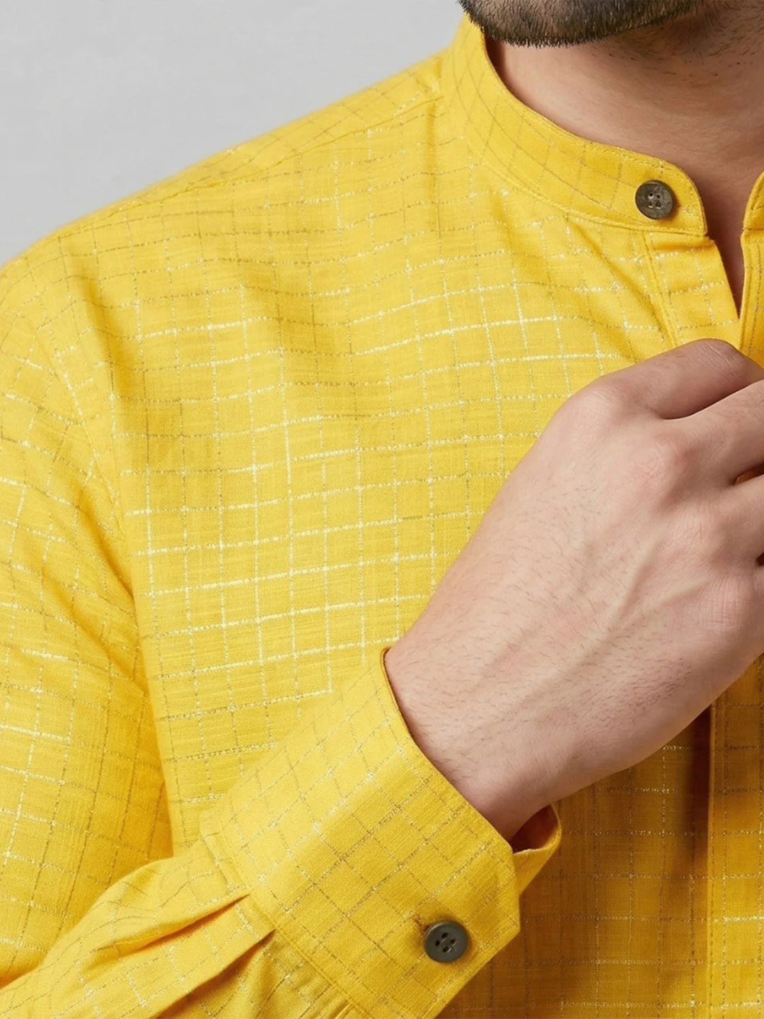 Men Cotton Short Length Self Design with Checked Pocket Kurta Yellow Gold Glitter Y30 - Image 5