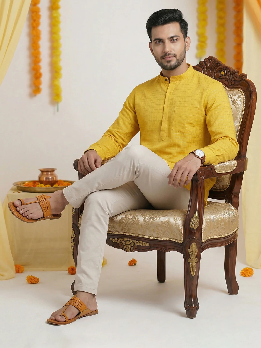 Men Cotton Short Length Self Design with Checked Pocket Kurta Yellow Gold Glitter Y30 - Image 6