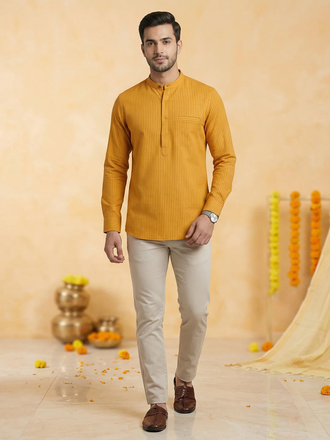 Men Cotton Short Length Self Design with Stripes Pocket Kurta Orange Saffron Y29 - Image 2