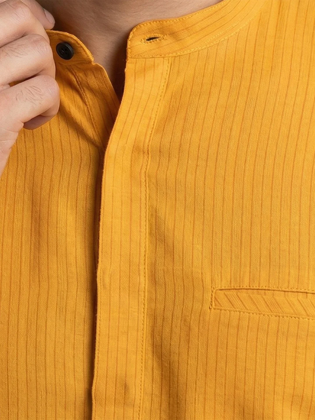 Men Cotton Short Length Self Design with Stripes Pocket Kurta Orange Saffron Y29 - Image 3