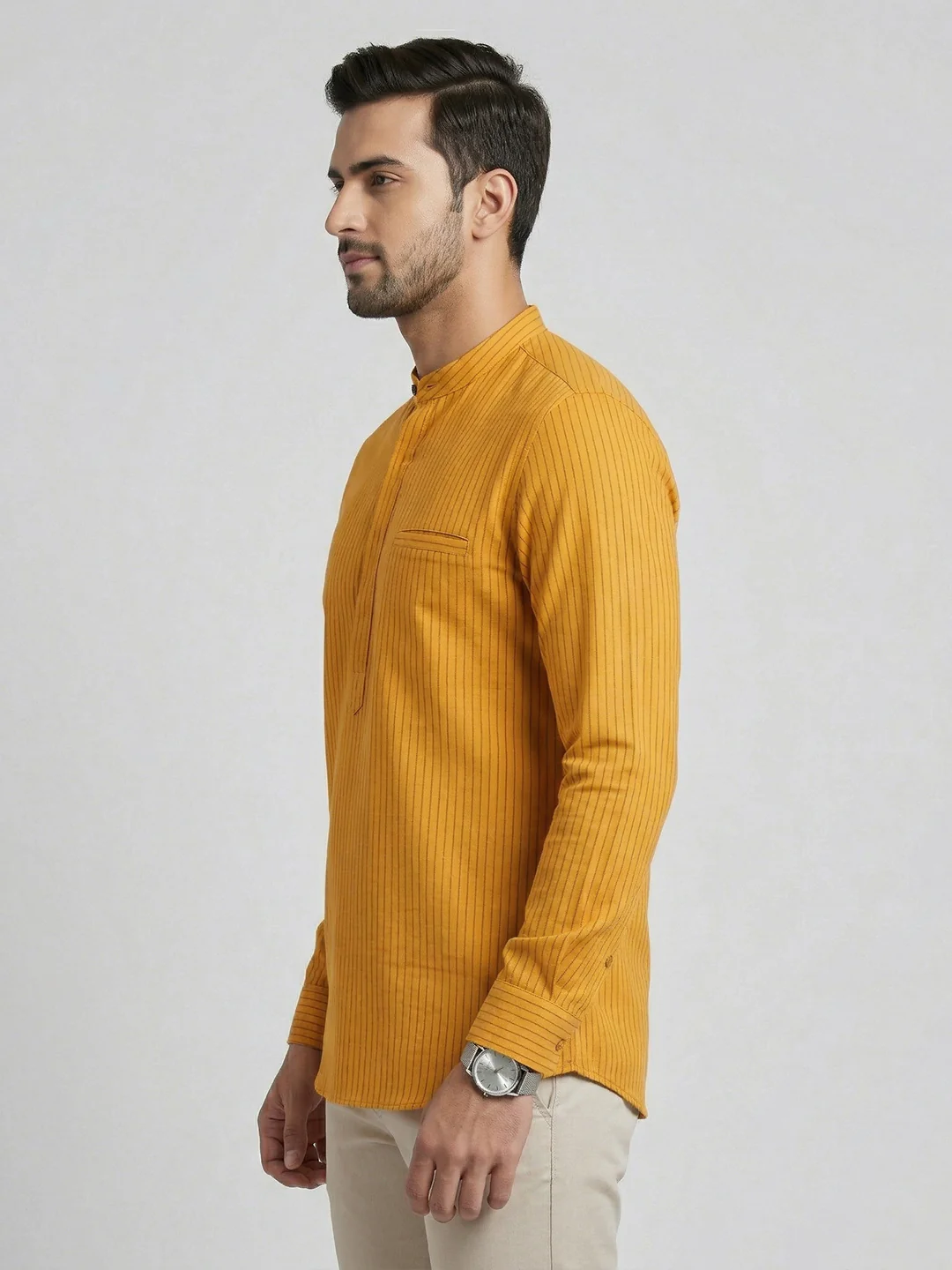 Men Cotton Short Length Self Design with Stripes Pocket Kurta Orange Saffron Y29 - Image 4