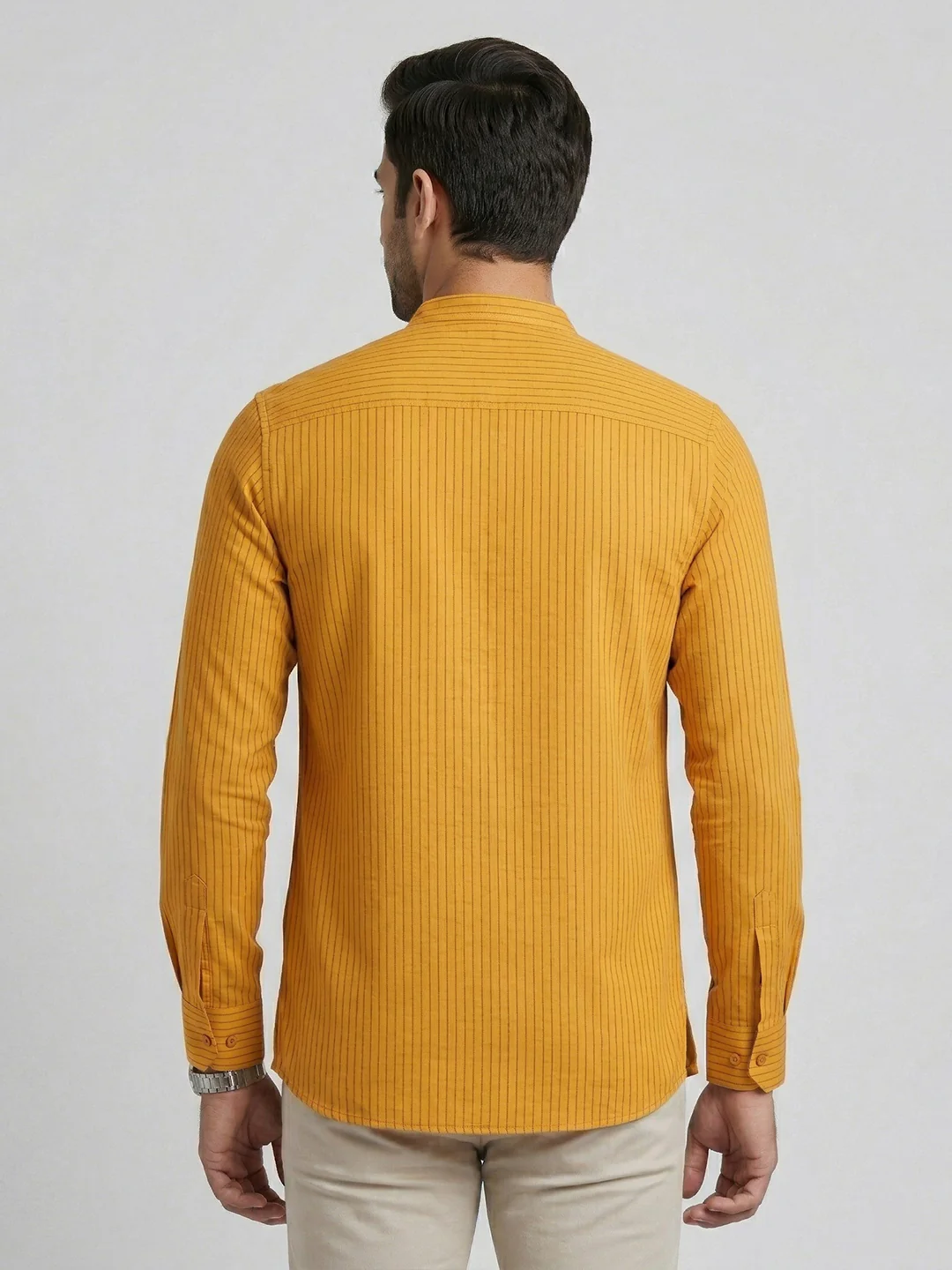Men Cotton Short Length Self Design with Stripes Pocket Kurta Orange Saffron Y29 - Image 5