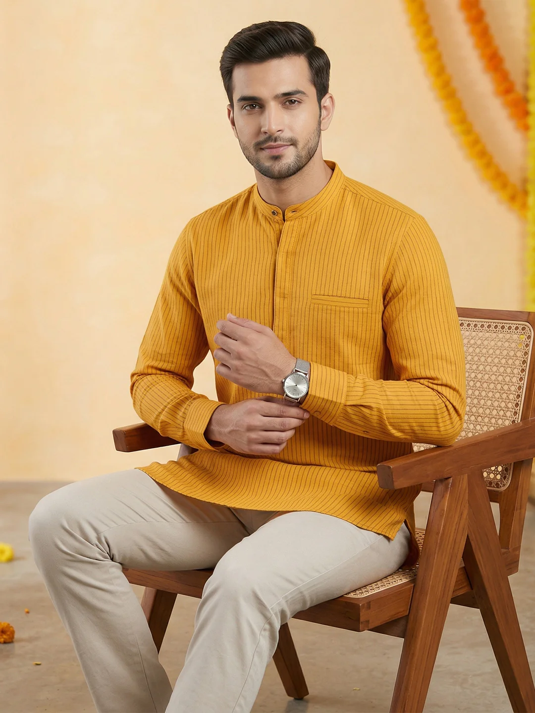 Men Cotton Short Length Self Design with Stripes Pocket Kurta Orange Saffron Y29 - Image 6