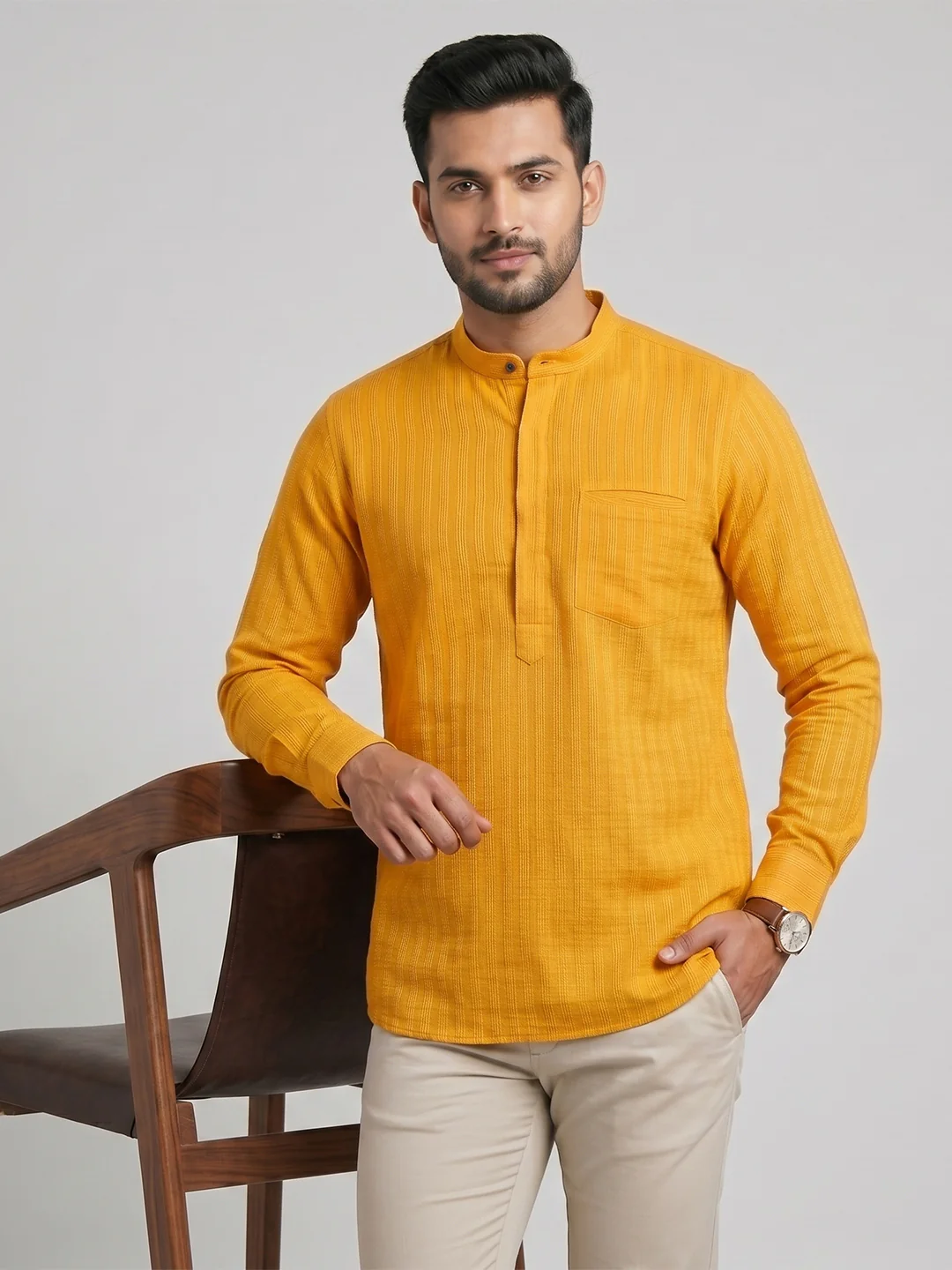 Men Cotton Short Length Self Design with Stripes Pocket Kurta Orange Y27 - Image 2