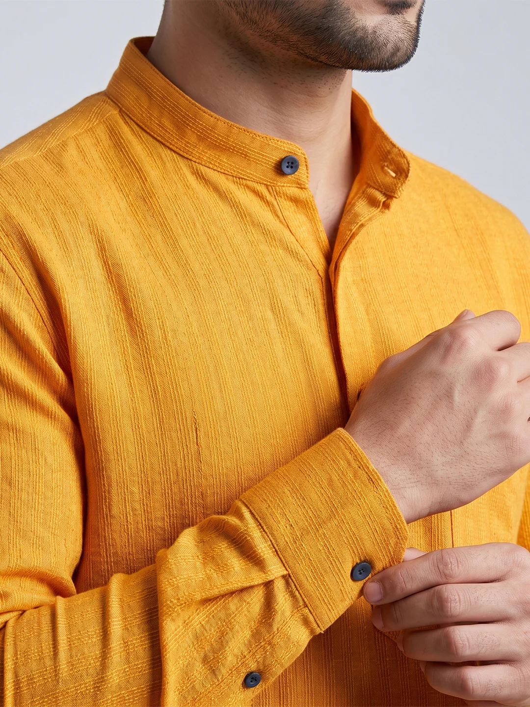 Men Cotton Short Length Self Design with Stripes Pocket Kurta Orange Y27 - Image 3