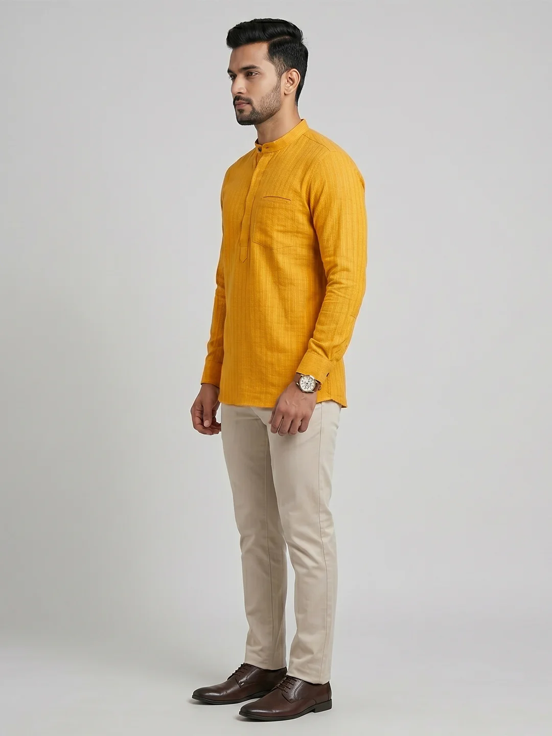 Men Cotton Short Length Self Design with Stripes Pocket Kurta Orange Y27 - Image 4