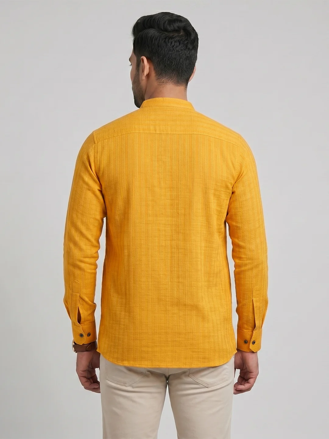 Men Cotton Short Length Self Design with Stripes Pocket Kurta Orange Y27 - Image 5