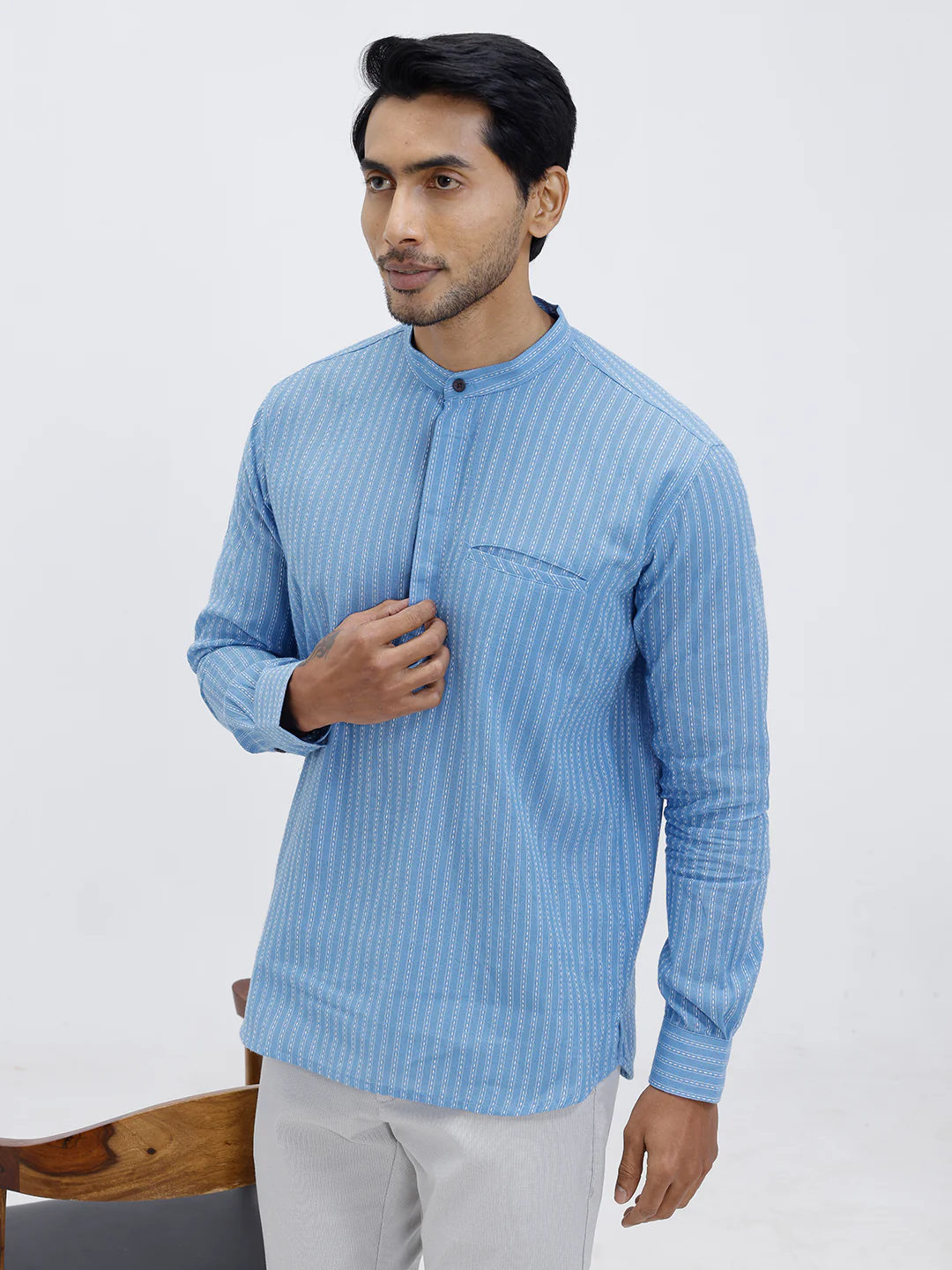 Men Cotton Short Length Striped Pocket Kurta Bright Blue RK59 - Image 2