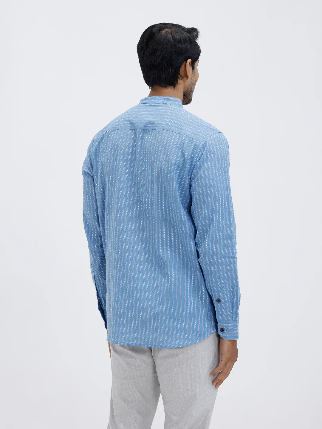 Men Cotton Short Length Striped Pocket Kurta Bright Blue RK59 - Image 3