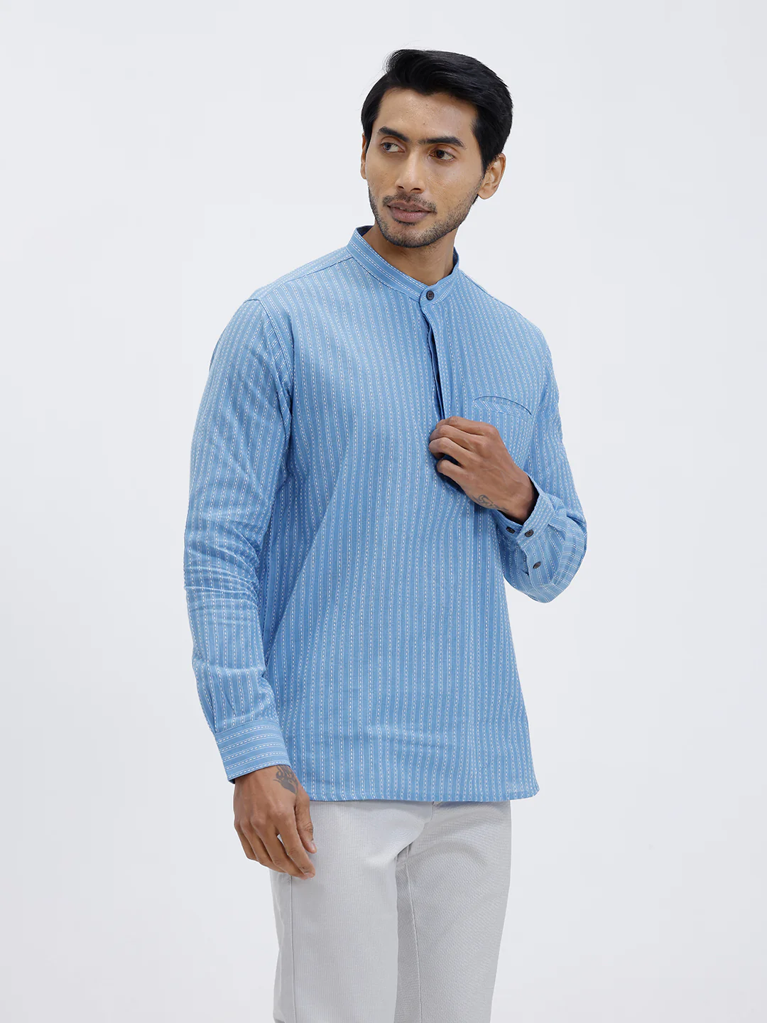 Men Cotton Short Length Striped Pocket Kurta Bright Blue RK59 - Image 4